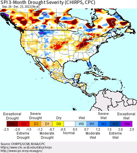 North America SPI 3-Month Drought Severity (CHIRPS) Thematic Map For 9/26/2022 - 12/25/2022