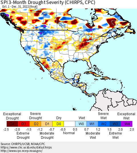 North America SPI 3-Month Drought Severity (CHIRPS) Thematic Map For 10/1/2022 - 12/31/2022