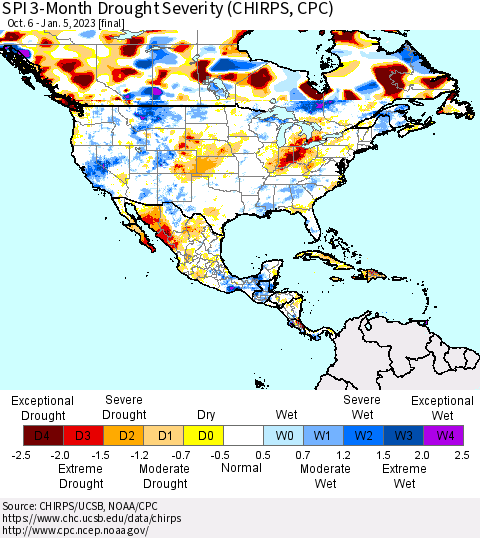 North America SPI 3-Month Drought Severity (CHIRPS) Thematic Map For 10/6/2022 - 1/5/2023