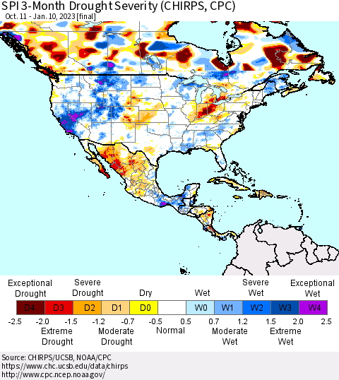 North America SPI 3-Month Drought Severity (CHIRPS) Thematic Map For 10/11/2022 - 1/10/2023