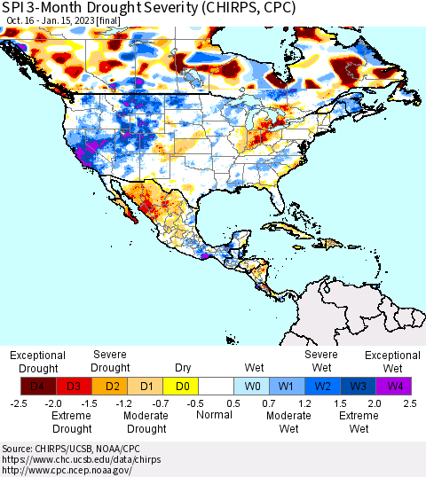 North America SPI 3-Month Drought Severity (CHIRPS) Thematic Map For 10/16/2022 - 1/15/2023