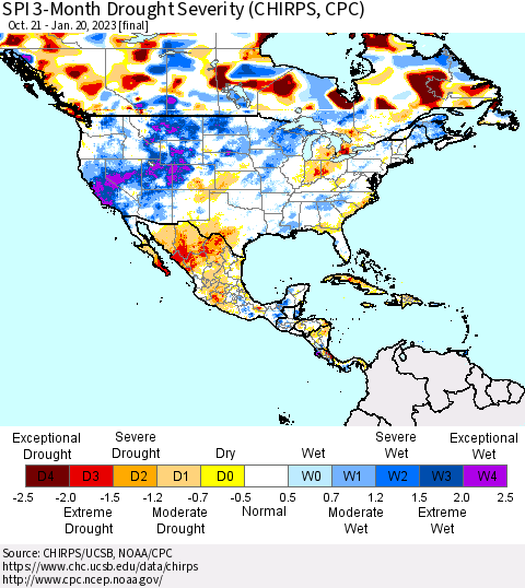 North America SPI 3-Month Drought Severity (CHIRPS) Thematic Map For 10/21/2022 - 1/20/2023