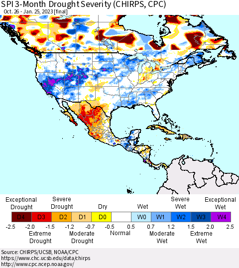 North America SPI 3-Month Drought Severity (CHIRPS) Thematic Map For 10/26/2022 - 1/25/2023