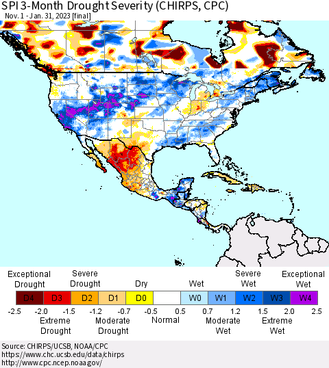 North America SPI 3-Month Drought Severity (CHIRPS) Thematic Map For 11/1/2022 - 1/31/2023