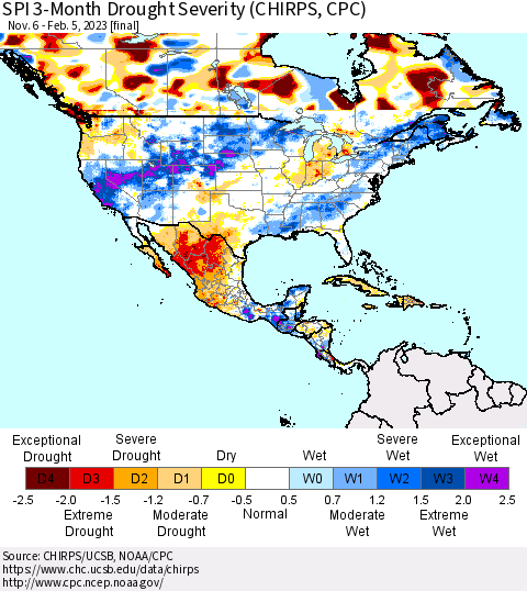 North America SPI 3-Month Drought Severity (CHIRPS) Thematic Map For 11/6/2022 - 2/5/2023