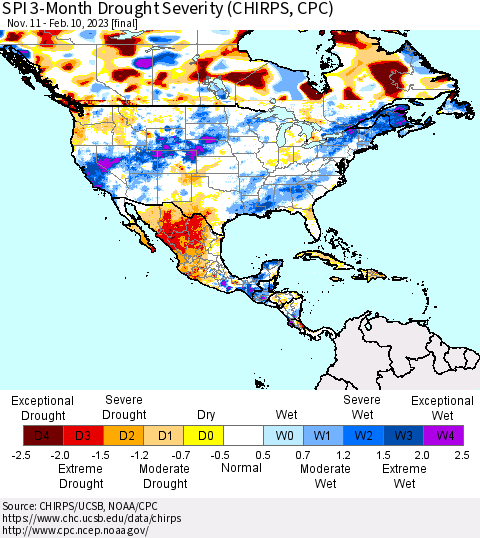 North America SPI 3-Month Drought Severity (CHIRPS) Thematic Map For 11/11/2022 - 2/10/2023