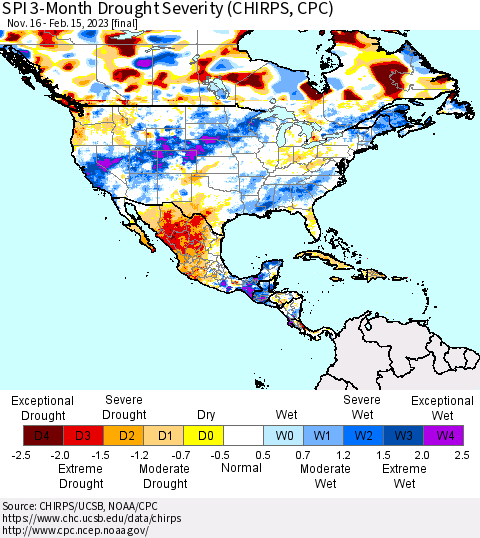 North America SPI 3-Month Drought Severity (CHIRPS) Thematic Map For 11/16/2022 - 2/15/2023