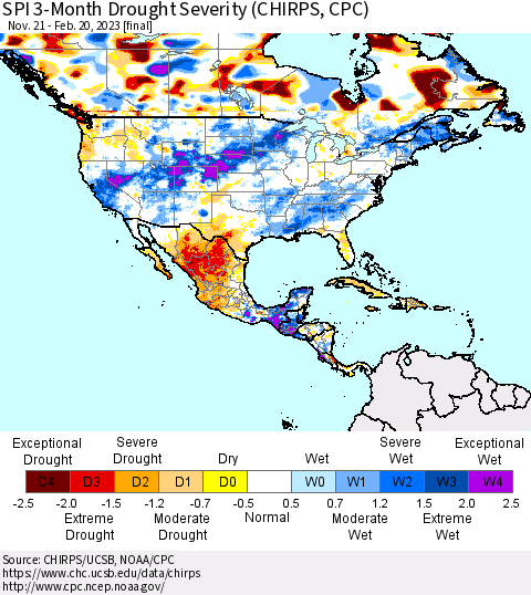 North America SPI 3-Month Drought Severity (CHIRPS) Thematic Map For 11/21/2022 - 2/20/2023