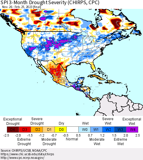 North America SPI 3-Month Drought Severity (CHIRPS) Thematic Map For 11/26/2022 - 2/25/2023