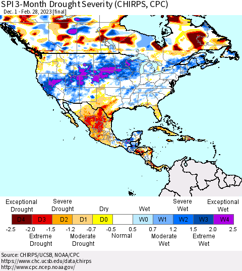 North America SPI 3-Month Drought Severity (CHIRPS) Thematic Map For 12/1/2022 - 2/28/2023