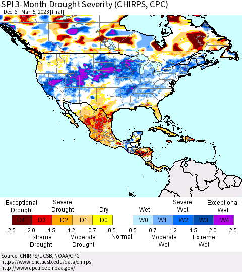North America SPI 3-Month Drought Severity (CHIRPS) Thematic Map For 12/6/2022 - 3/5/2023