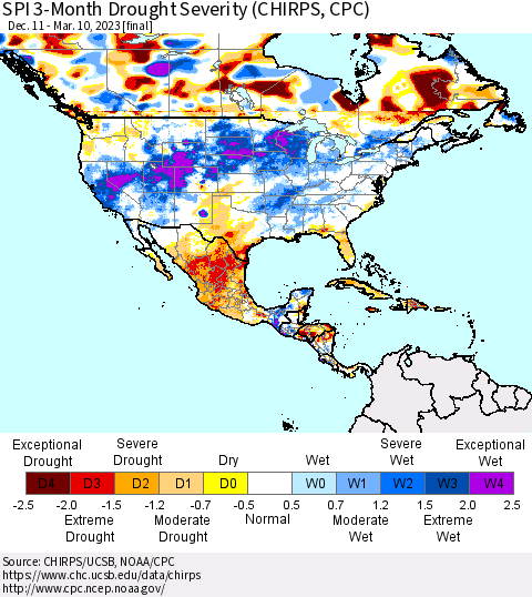 North America SPI 3-Month Drought Severity (CHIRPS) Thematic Map For 12/11/2022 - 3/10/2023