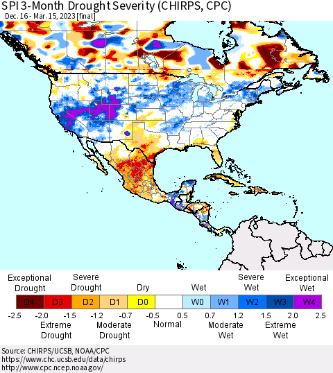 North America SPI 3-Month Drought Severity (CHIRPS) Thematic Map For 12/16/2022 - 3/15/2023