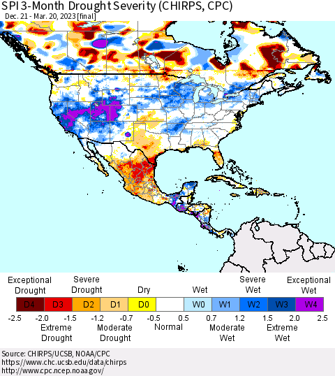 North America SPI 3-Month Drought Severity (CHIRPS) Thematic Map For 12/21/2022 - 3/20/2023