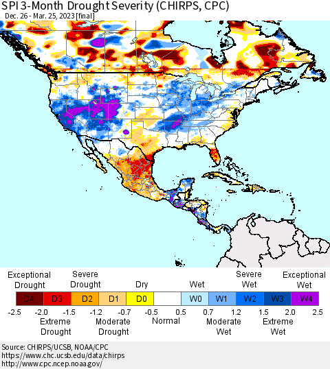 North America SPI 3-Month Drought Severity (CHIRPS) Thematic Map For 12/26/2022 - 3/25/2023