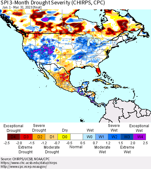 North America SPI 3-Month Drought Severity (CHIRPS) Thematic Map For 1/1/2023 - 3/31/2023