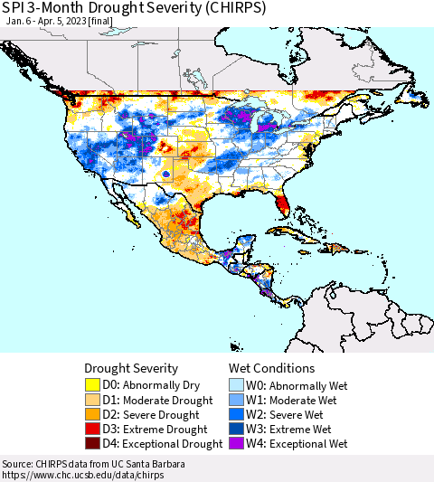 North America SPI 3-Month Drought Severity (CHIRPS) Thematic Map For 1/6/2023 - 4/5/2023