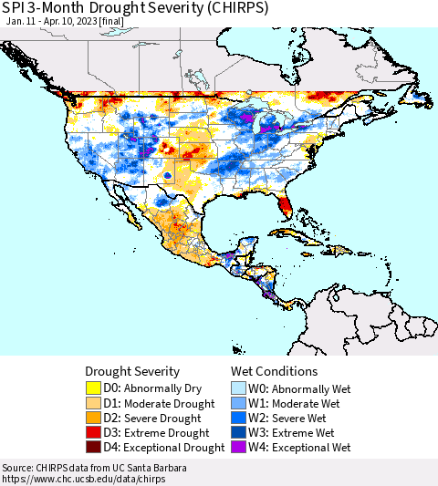 North America SPI 3-Month Drought Severity (CHIRPS) Thematic Map For 1/11/2023 - 4/10/2023