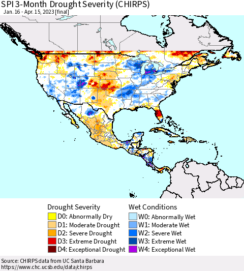 North America SPI 3-Month Drought Severity (CHIRPS) Thematic Map For 1/16/2023 - 4/15/2023