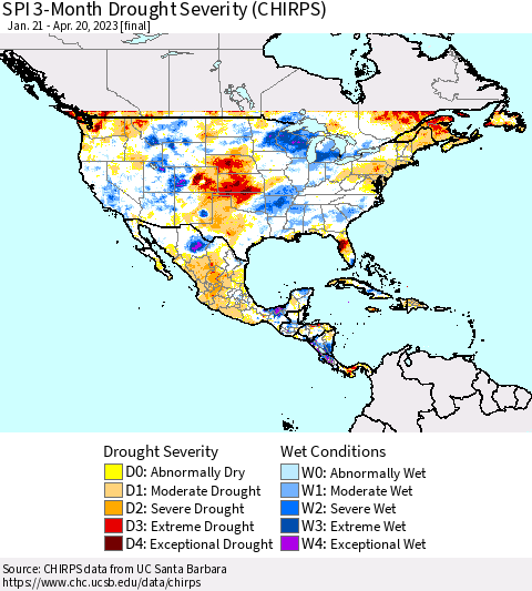 North America SPI 3-Month Drought Severity (CHIRPS) Thematic Map For 1/21/2023 - 4/20/2023