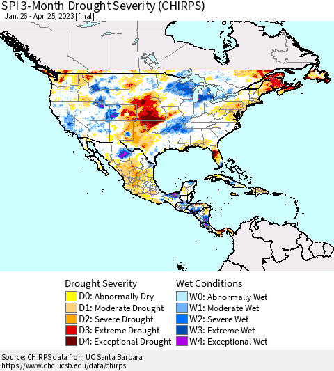 North America SPI 3-Month Drought Severity (CHIRPS) Thematic Map For 1/26/2023 - 4/25/2023