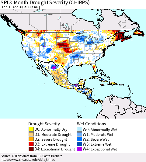 North America SPI 3-Month Drought Severity (CHIRPS) Thematic Map For 2/1/2023 - 4/30/2023