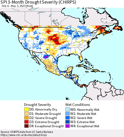 North America SPI 3-Month Drought Severity (CHIRPS) Thematic Map For 2/6/2023 - 5/5/2023