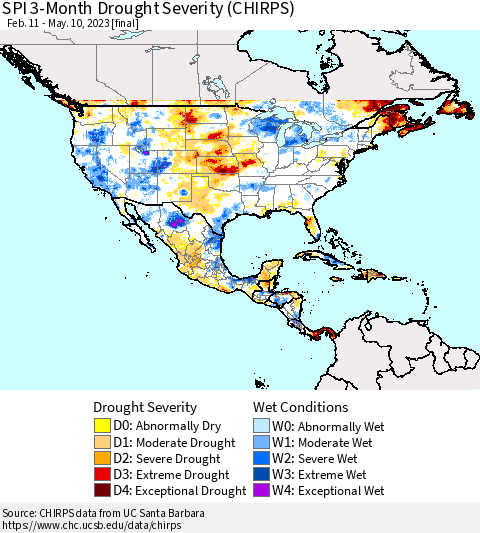 North America SPI 3-Month Drought Severity (CHIRPS) Thematic Map For 2/11/2023 - 5/10/2023
