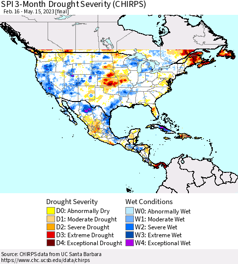 North America SPI 3-Month Drought Severity (CHIRPS) Thematic Map For 2/16/2023 - 5/15/2023