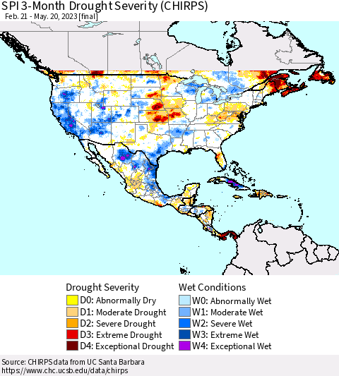 North America SPI 3-Month Drought Severity (CHIRPS) Thematic Map For 2/21/2023 - 5/20/2023