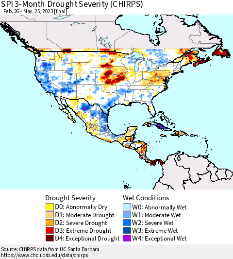 North America SPI 3-Month Drought Severity (CHIRPS) Thematic Map For 2/26/2023 - 5/25/2023