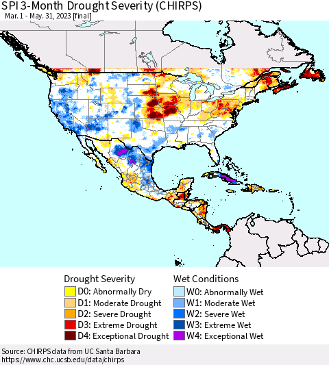 North America SPI 3-Month Drought Severity (CHIRPS) Thematic Map For 3/1/2023 - 5/31/2023