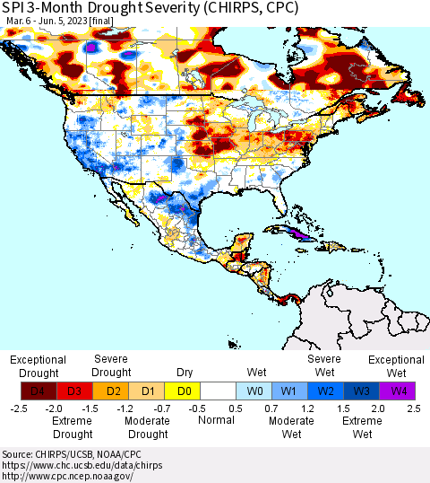 North America SPI 3-Month Drought Severity (CHIRPS) Thematic Map For 3/6/2023 - 6/5/2023