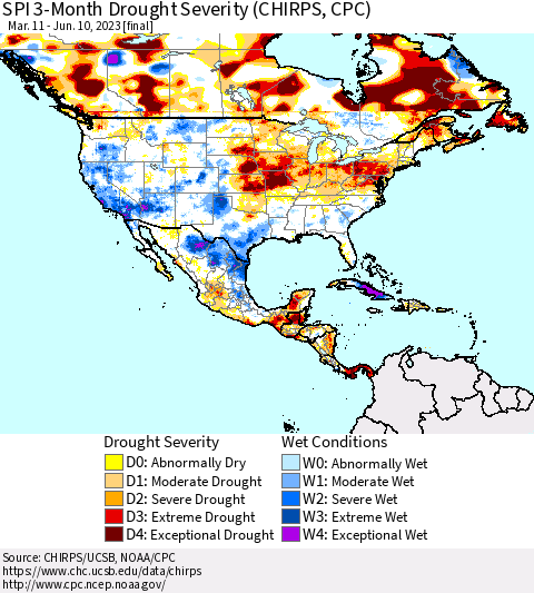 North America SPI 3-Month Drought Severity (CHIRPS) Thematic Map For 3/11/2023 - 6/10/2023