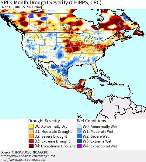 North America SPI 3-Month Drought Severity (CHIRPS) Thematic Map For 3/16/2023 - 6/15/2023