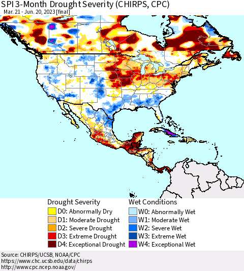 North America SPI 3-Month Drought Severity (CHIRPS) Thematic Map For 3/21/2023 - 6/20/2023