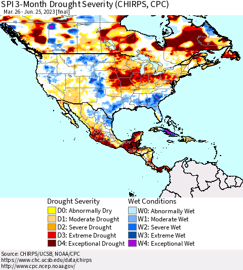 North America SPI 3-Month Drought Severity (CHIRPS) Thematic Map For 3/26/2023 - 6/25/2023