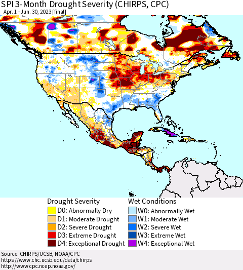 North America SPI 3-Month Drought Severity (CHIRPS) Thematic Map For 4/1/2023 - 6/30/2023