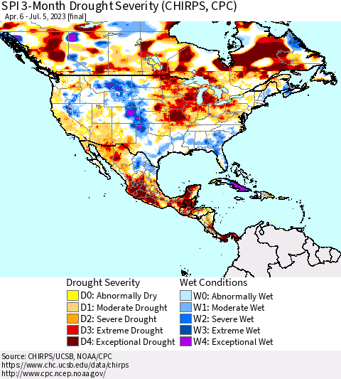 North America SPI 3-Month Drought Severity (CHIRPS) Thematic Map For 4/6/2023 - 7/5/2023
