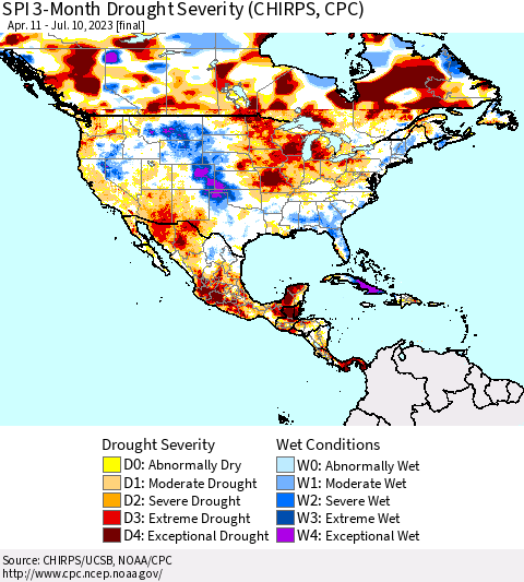 North America SPI 3-Month Drought Severity (CHIRPS) Thematic Map For 4/11/2023 - 7/10/2023