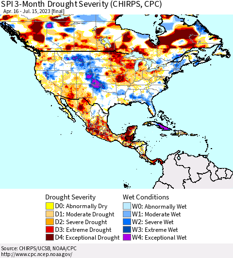 North America SPI 3-Month Drought Severity (CHIRPS) Thematic Map For 4/16/2023 - 7/15/2023