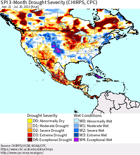 North America SPI 3-Month Drought Severity (CHIRPS) Thematic Map For 4/21/2023 - 7/20/2023