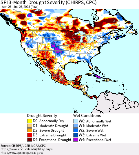 North America SPI 3-Month Drought Severity (CHIRPS) Thematic Map For 4/26/2023 - 7/25/2023