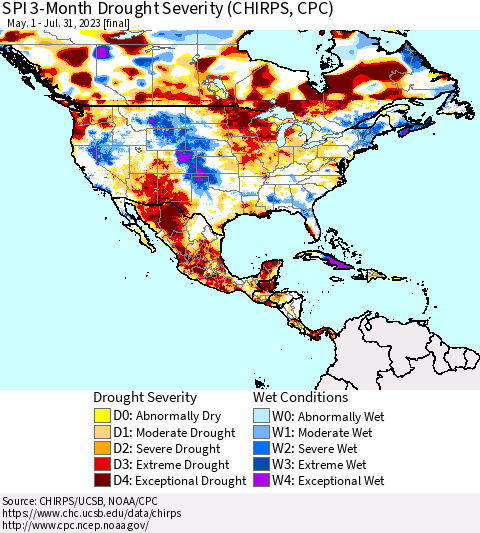 North America SPI 3-Month Drought Severity (CHIRPS) Thematic Map For 5/1/2023 - 7/31/2023