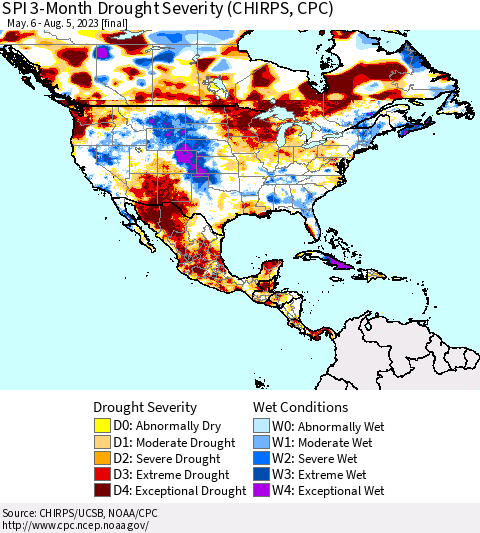 North America SPI 3-Month Drought Severity (CHIRPS) Thematic Map For 5/6/2023 - 8/5/2023