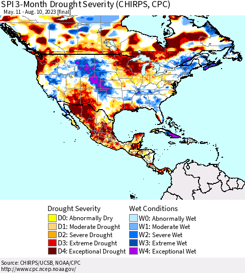 North America SPI 3-Month Drought Severity (CHIRPS) Thematic Map For 5/11/2023 - 8/10/2023