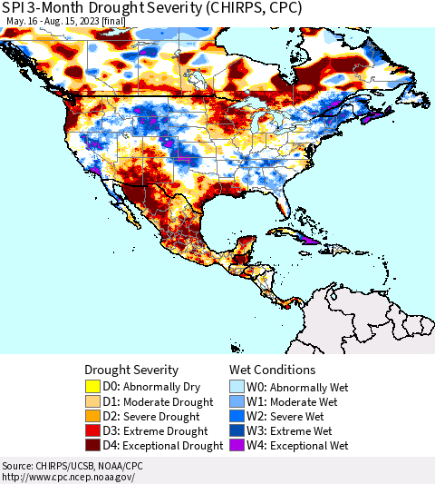 North America SPI 3-Month Drought Severity (CHIRPS) Thematic Map For 5/16/2023 - 8/15/2023
