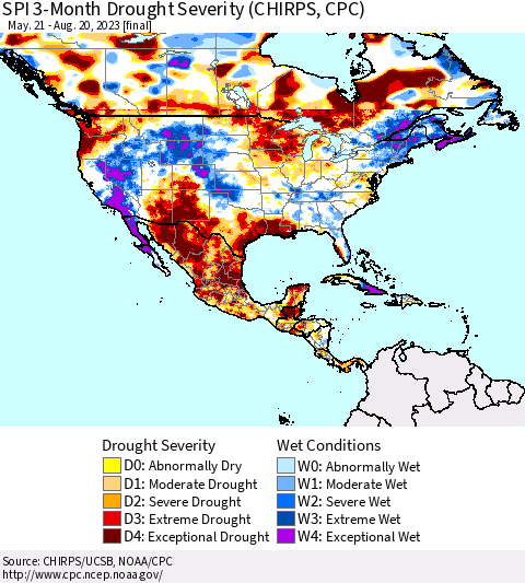 North America SPI 3-Month Drought Severity (CHIRPS) Thematic Map For 5/21/2023 - 8/20/2023