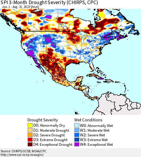 North America SPI 3-Month Drought Severity (CHIRPS) Thematic Map For 6/1/2023 - 8/31/2023