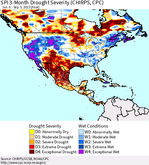 North America SPI 3-Month Drought Severity (CHIRPS) Thematic Map For 6/6/2023 - 9/5/2023